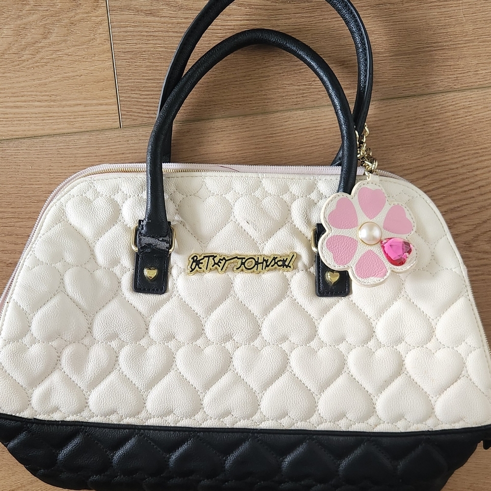 Betsey Johnson Cream and Black Quilted Satchel with Pink Flower Charm